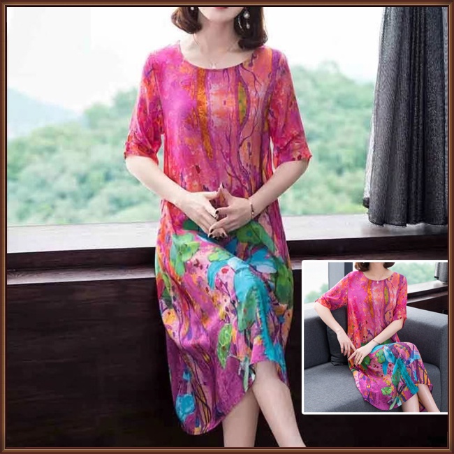 Đầm Tay Ngắn Cổ Tròn Dáng Rộng Chất Liệu Lụa Lạnh In Họa Tiết Thời Trang Cho Nữ