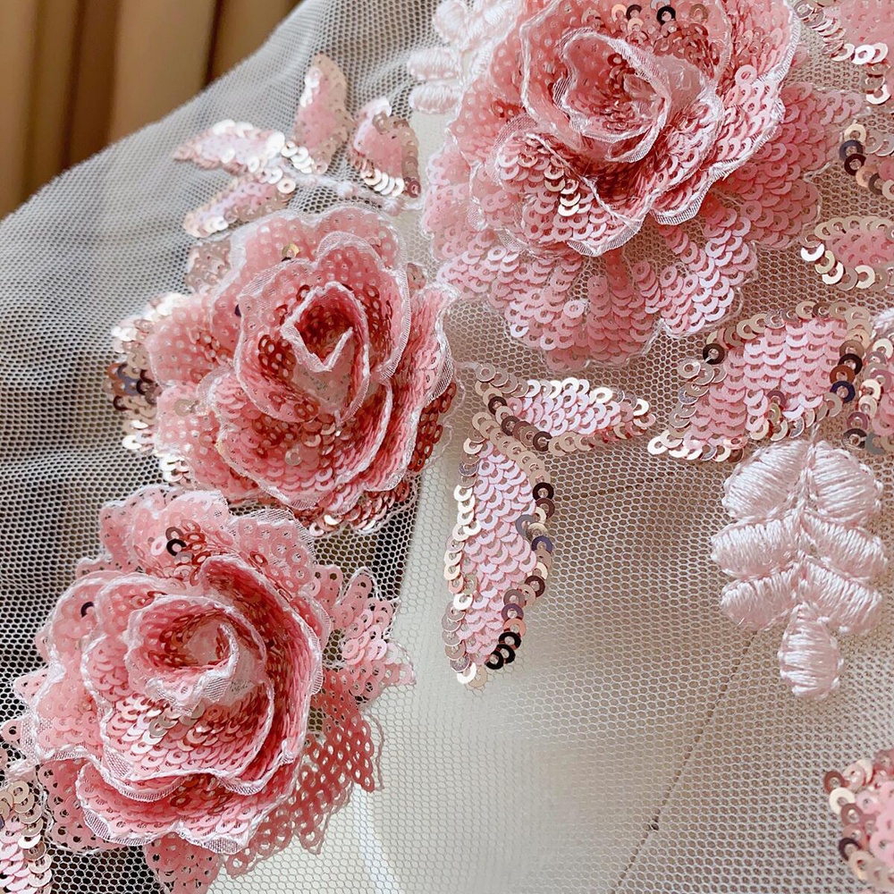 1 Miếng Vải Ren Thêu Hoa Hồng 38 * 25CM