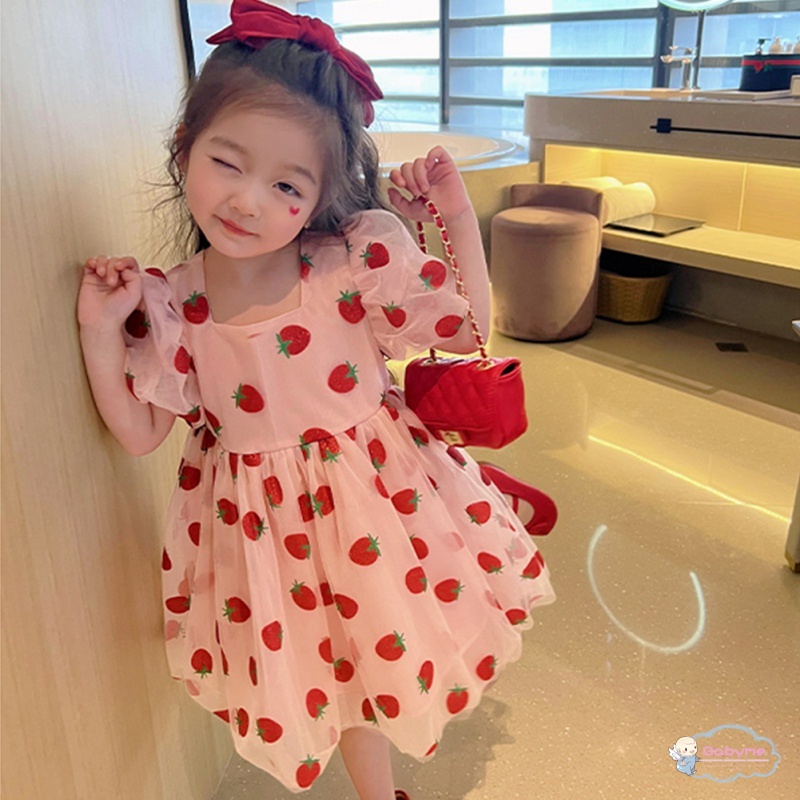 Đầm Công Chúa Dáng Suông Tay Phồng In Họa Tiết Dâu Tây Dễ Thương Phong Cách Hàn Quốc Cho Bé Gái