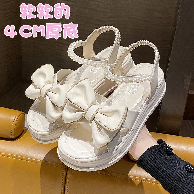 Giày Sandal Đế Dày Hở Ngón Quai Đính Nơ Ngọc Trai Thời Trang Mùa Hè 2023 Phong Cách Roman Cho Nữ