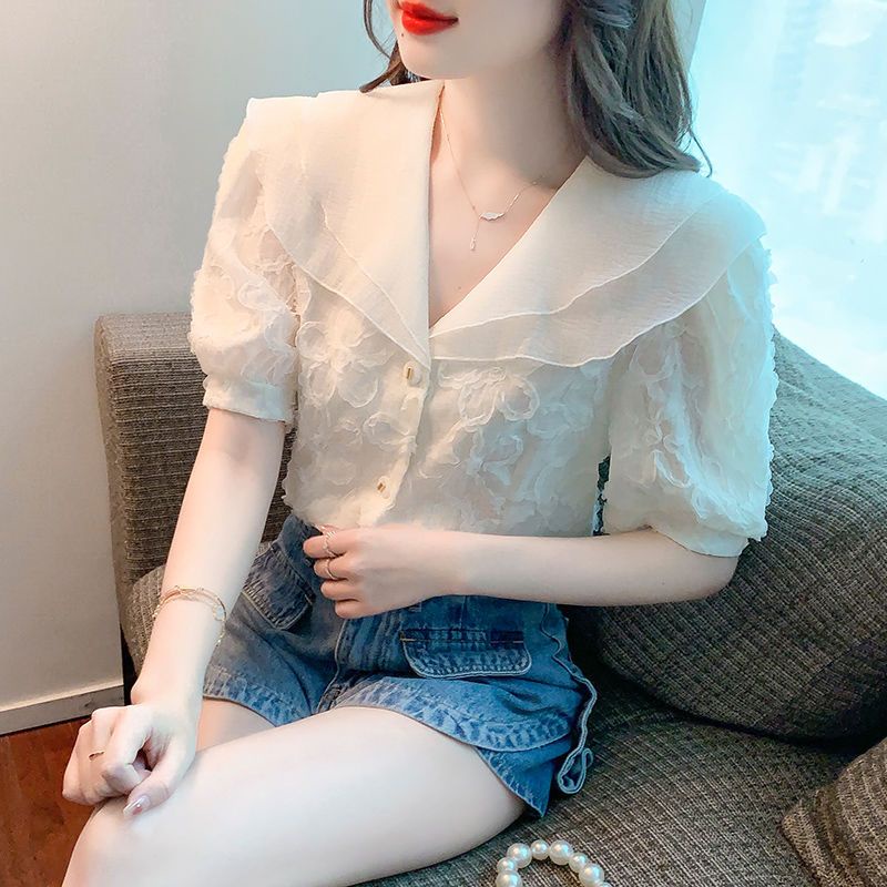 Áo Sơ Mi Chiffon Cổ Búp Bê Tay Ngắn Thời Trang Mùa Hè Dành Cho Nữ