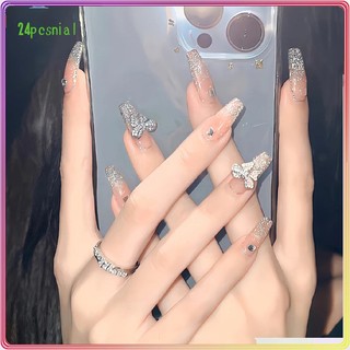 Móng tay giả hình nơ đính đá pha lê sang trọng cho cô dâu/móng tay giả 3d / móng tay giả kèm keo móng dài/ nơ kèm keo dán dễ thương xinh xắn