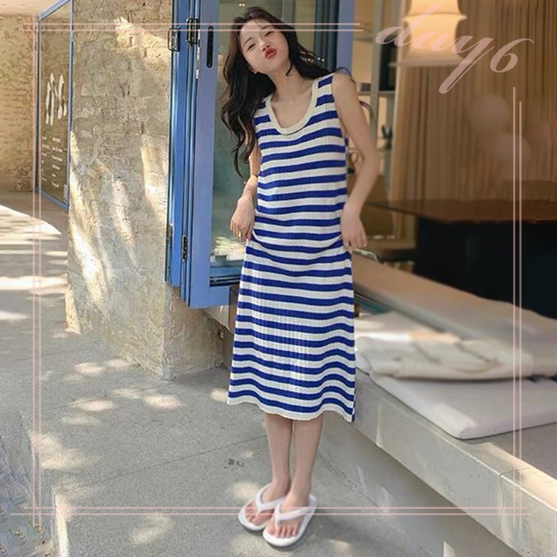 Đầm Dệt Kim Sát Nách Dáng Dài Cổ Tròn Họa Tiết Kẻ Sọc Thời Trang Mùa Hè Xinh Xắn Cho Nữ