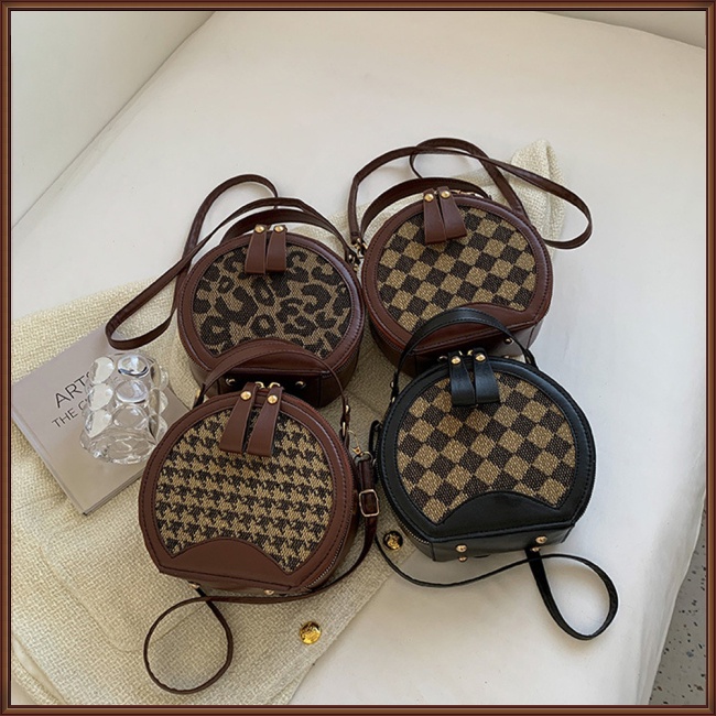 Túi Xách Đeo Vai Giả Da Khóa Nam Châm Hình Tròn Sọc Ca Rô Thời Trang Nữ Sành Điệu