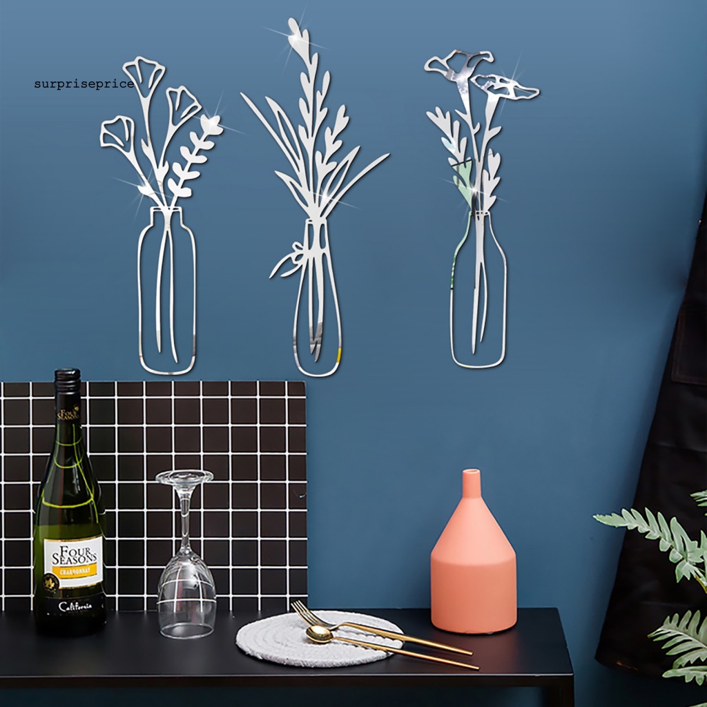 Bộ 3 Miếng Dán Tường Bằng Acrylic Tráng Gương Hình Lọ Hoa Lấp Lánh Trang Trí Nhà Cửa