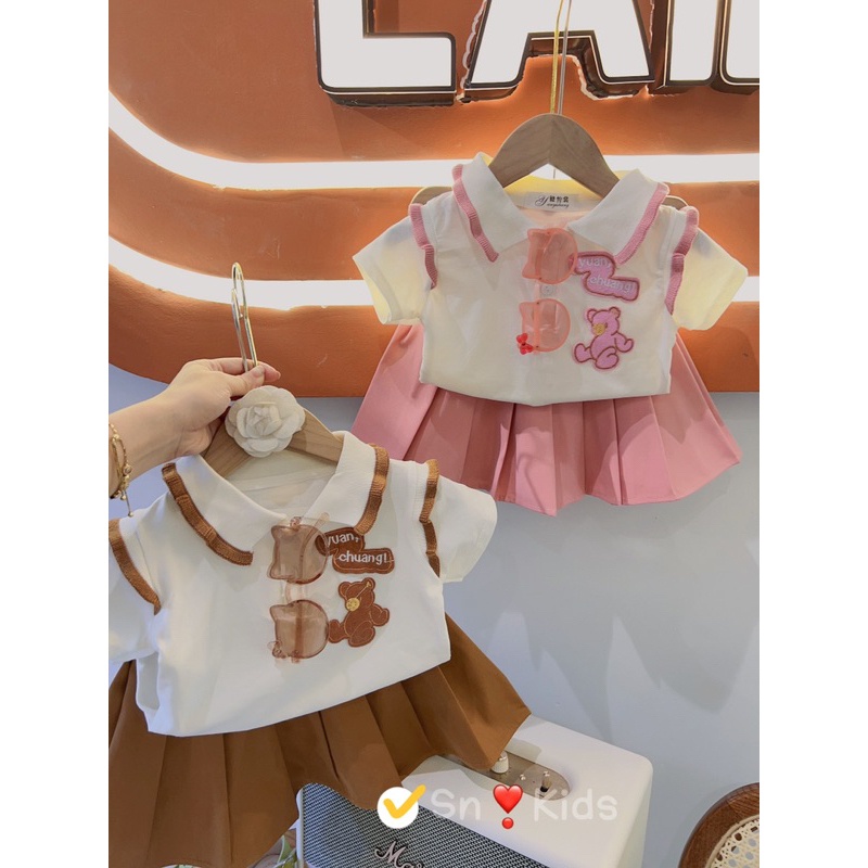 Set chân váy dập ly áo gấu bé gái Jane SnKids 10-30kg
