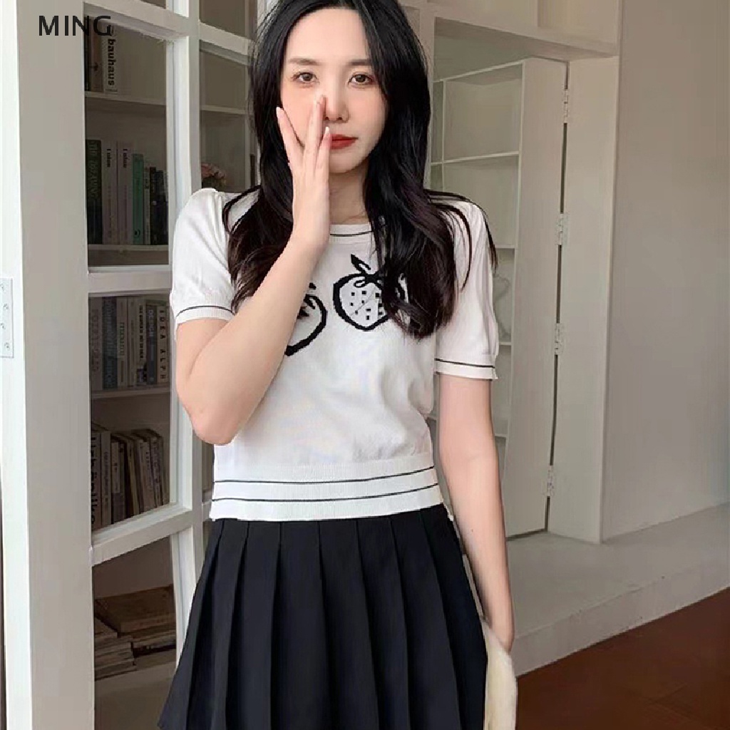 Áo Thun Dệt Kim Tay Ngắn Cổ Tròn In Hình Dâu Tây Phong Cách Retro Dành Cho Nữ