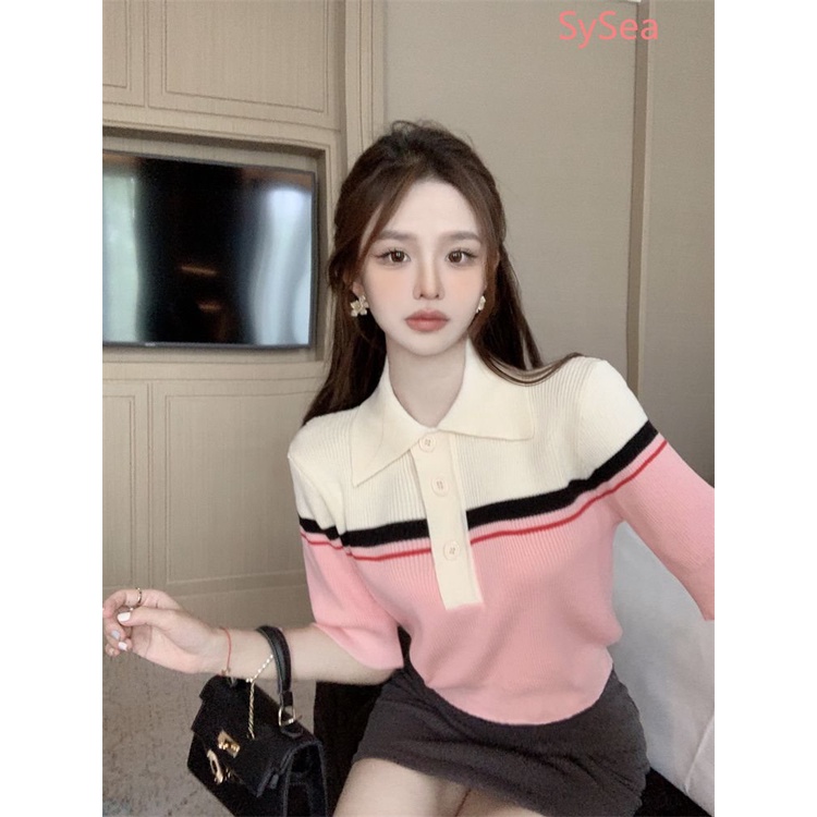 Áo Polo Dệt Kim Kẻ Sọc Thời Trang Mùa Hè Cho Nữ