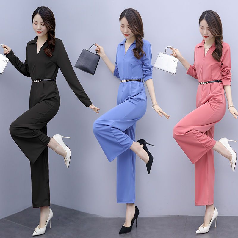 Áo Liền Quần Tay Dài Eo Cao Ống Rộng Thời Trang Xuân Thu 2023 Cho Nữ