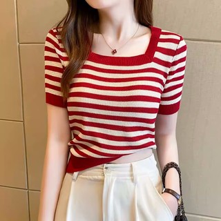 Xiaoma1 Chính Hãng Vai Áo Thun Nữ Mùa Hè Tay Ngắn Ôm Hơn Nhìn Sang Trọng Băng Lụa Dệt Kim Sọc Cổ Vuông Bao Bụng Top MC Quần Áo Z