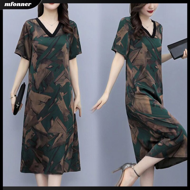 Đầm Midi Tay Ngắn Cổ Chữ V Bằng Lụa Lạnh Dáng Rộng In Họa Tiết Cổ Điển Thời Trang Mùa Hè Dành Cho Bạn Nữ