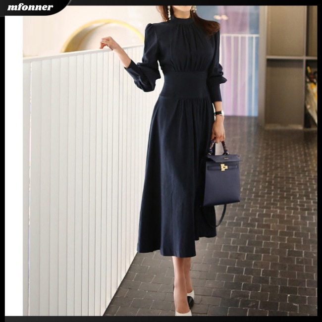 Đầm Dài Tay Cổ Đứng Màu Trơn Thiết Kế Ôm Sát Tôn Dáng Thời Trang Dành Cho Nữ