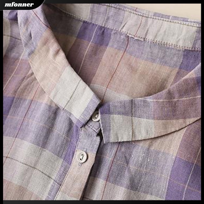 Áo Sơ Mi Cotton Lanh Dáng Rộng Cổ Đứng Tay Ngắn In Họa Tiết Kẻ Sọc Thời Trang Mùa Hè Cho Nữ