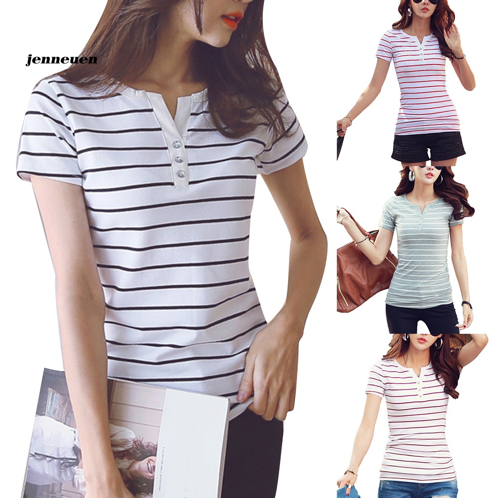 Áo Thun Cotton Cổ Chữ V Tay Ngắn Dáng Ôm Họa Tiết Kẻ Sọc Phối Nút Dành Cho Nữ