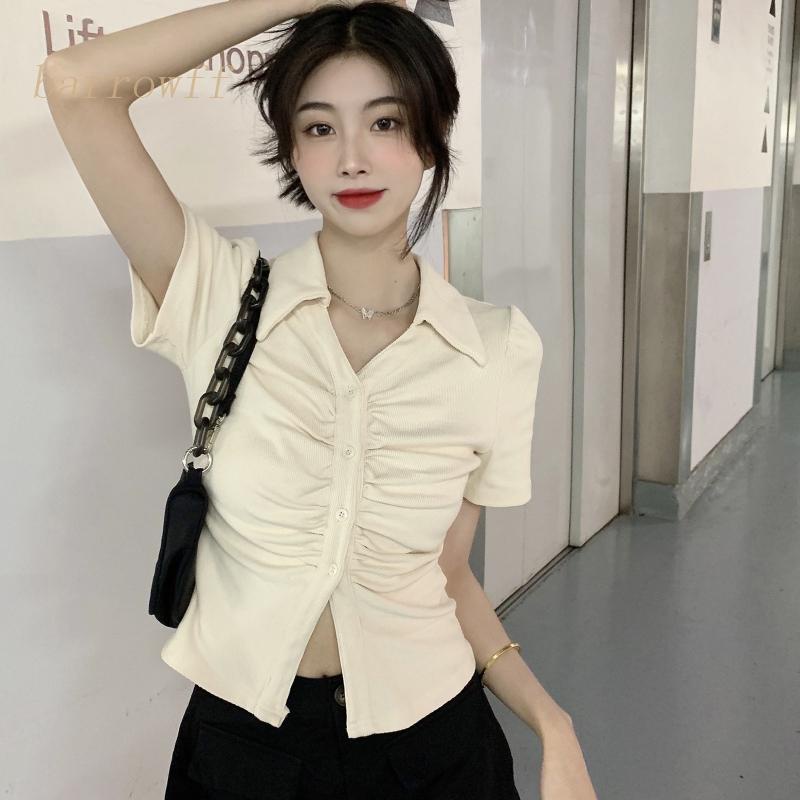 Áo Kiểu Tay Ngắn Cổ Chữ V Xếp Ly Dáng Ôm Phong Cách Pháp Thời Trang Mùa Hè Xinh Xắn Cho Nữ