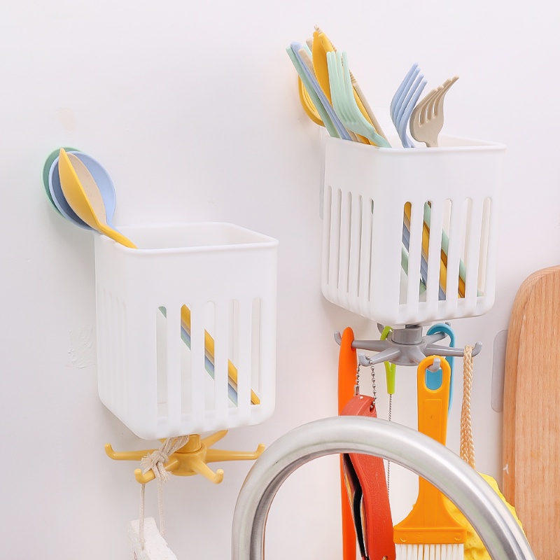 Hộp Đựng Đồ Dùng Nhà Bếp 6 Móc Xoay Gắn Tường Đa Năng Chống Ẩm Mốc Tiện Dụng