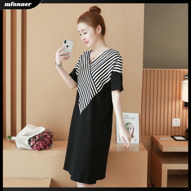 Đầm Midi Tay Ngắn Cổ Chữ V Họa Tiết Kẻ Sọc Thời Trang Cho Nữ