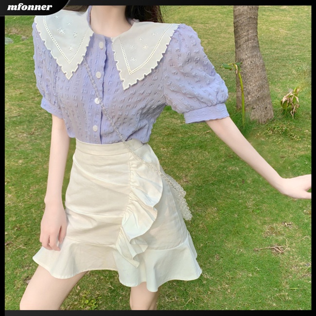 Áo Sơ Mi Cotton Tay Phồng Ngắn Cổ Búp Bê Phong Cách Retro Pháp Cho Nữ