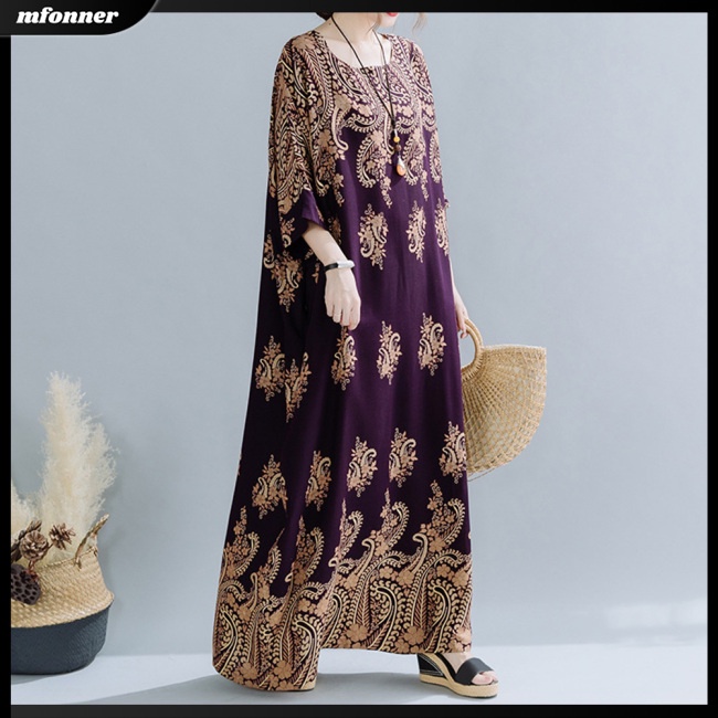 Đầm Cotton Pha Dáng Rộng Cổ Tròn In Họa Tiết Dân Tộc Thoáng Khí Thoải Mái Cho Nữ