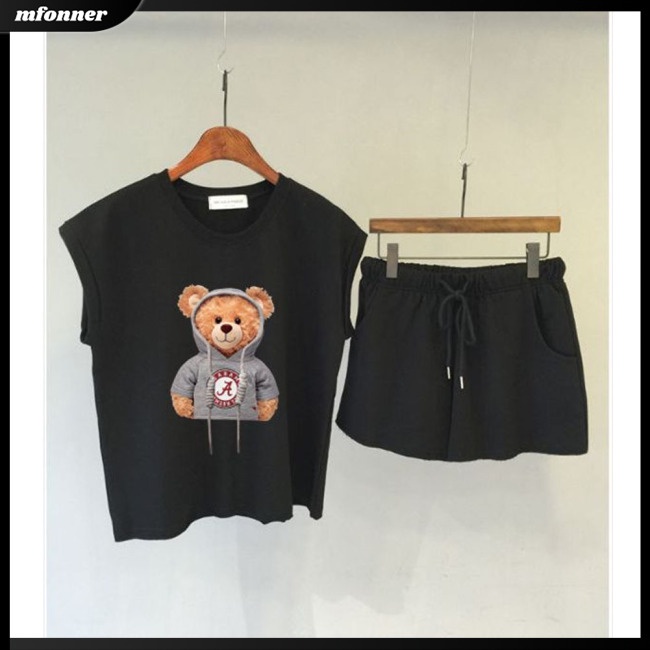 Bộ Trang Phục 2 Mảnh Gồm Áo Sát Nách Cổ Tròn In Họa Tiết Gấu Hoạt Hình + Quần Short Lưng Thun Cho Nữ