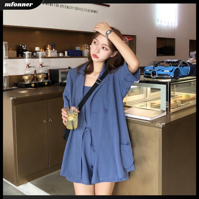 Set Đồ 3 Món Áo Hai Dây + Áo Khoác + Quần Ngắn Lưng Cao Màu Trơn Thời Trang Cho Nữ