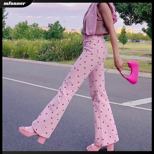 Quần Dài Dáng Suông Họa Tiết Chấm Bi Trái Tim Màu Hồng Trơn Dễ Thương Cho Nữ