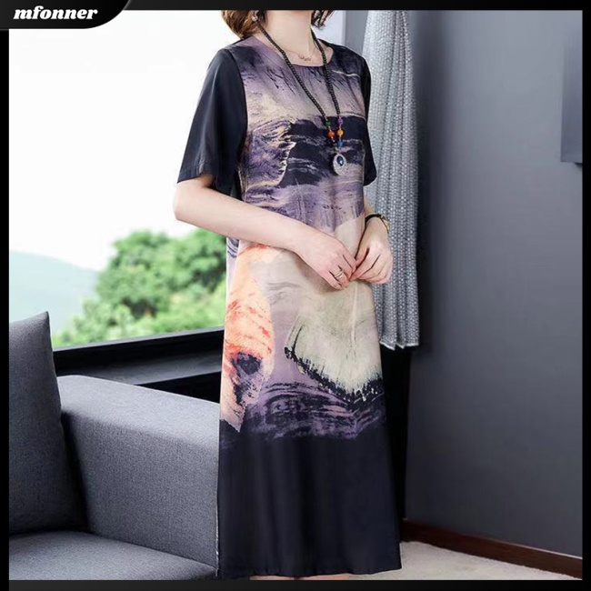 Đầm Tay Ngắn Cổ Thuyền Bằng Lụa Lạnh Plus Size In Họa Tiết Dân Tộc Dành Cho Bạn Nữ