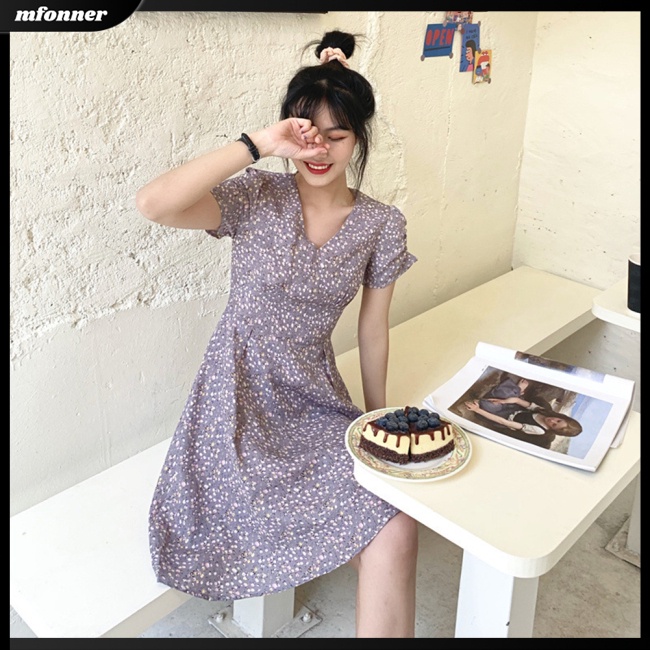 Đầm Tay Ngắn Cổ Chữ V Họa Tiết Hoa Thời Trang Mùa Hè Cho Nữ