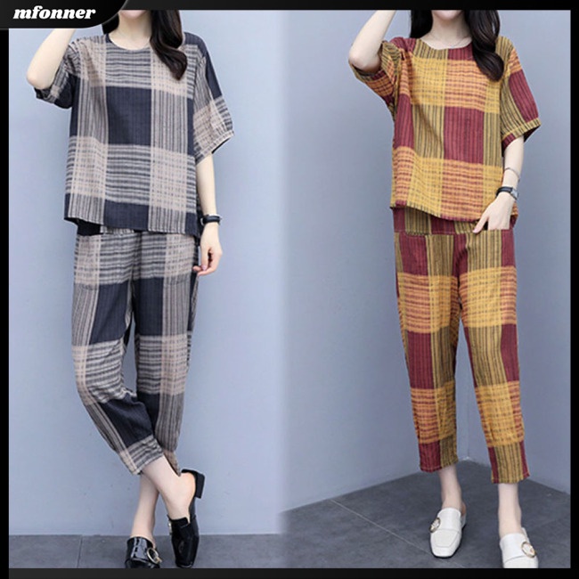 Set Đồ Mùa Hè 2 Món Gồm Áo Thun Tay Cộc + Quần Dài Thẳng Kẻ Sọc Cho Nữ