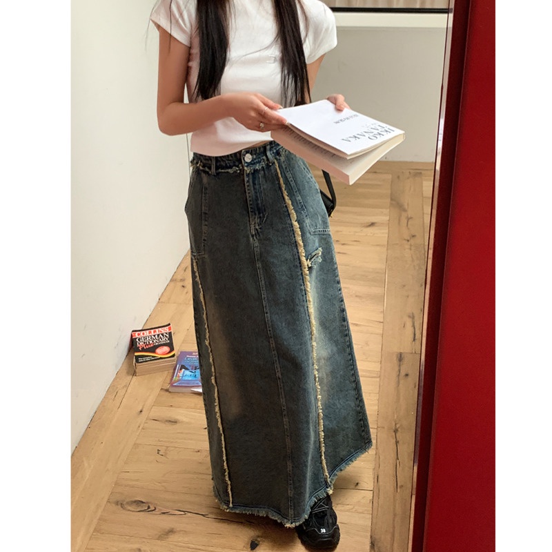 Chân Váy Denim Dài Lưng Cao Kiểu RENJIANVSHENG Retro Xinh Xắn Cho Nữ