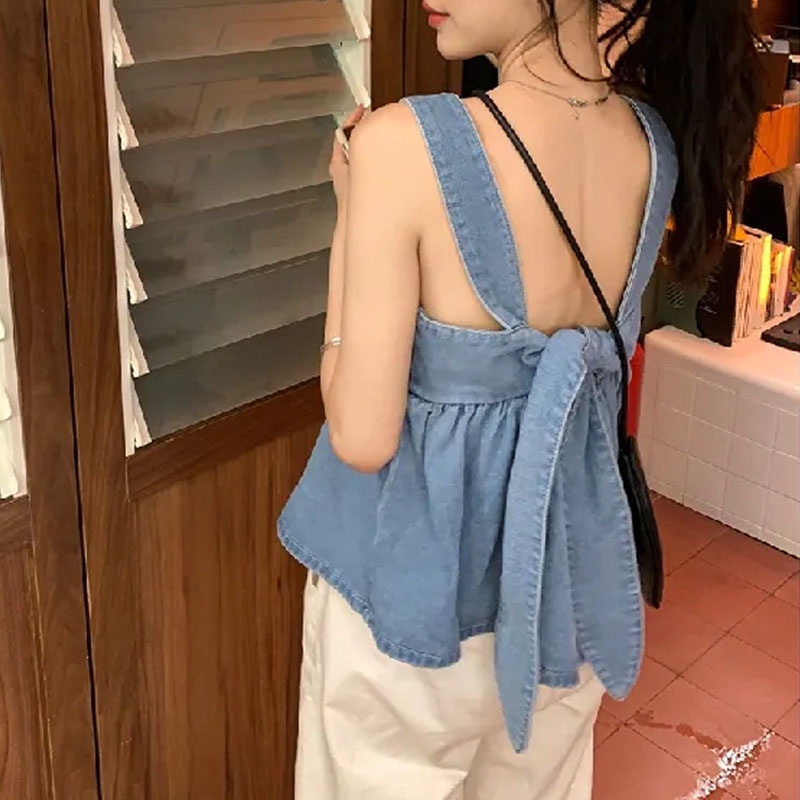 Áo Hai Dây Cổ Vuông Hở Lưng Phong Cách Cao Bồi Thời Trang Mùa Hè Cho Nữ