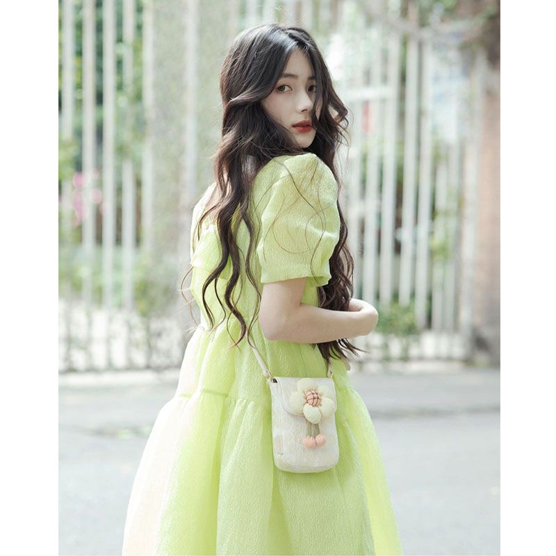 Ru Đầm Công Chúa Tay Phồng Màu Trà Xanh Lá Mùa Hè Phong Cách Pháp Ngọt Ngào Siêu Thơ Mộng Cho Nữ