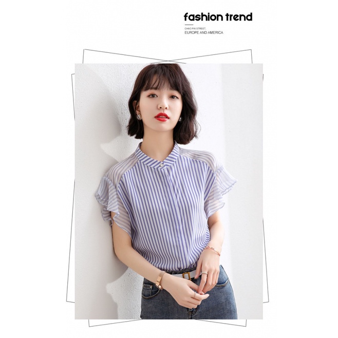 Áo Sơ Mi Chiffon Tay Ngắn Kẻ Sọc Thời Trang Mùa Hè Cho Nữ