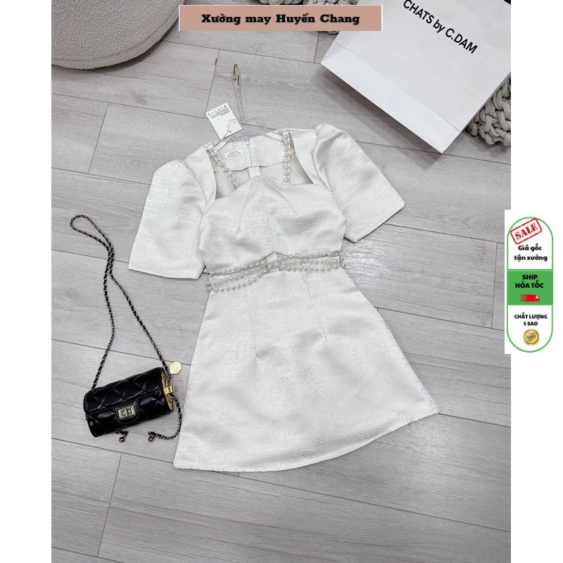 Đầm nữ đi dự tiệc màu trắng thiết kế viền ngọc, Váy nữ đi chơi sang chảnh