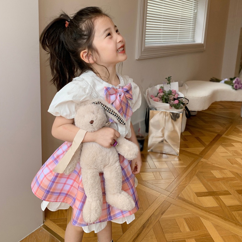 Bộ Khung Đồ Chơi Cho Bé❤Bộ Áo Sơ Mi Tay Phồng Màu Trơn + Chân Váy Cổ Búp Bê Họa Tiết Kẻ Sọc Thời Trang Mùa Hè Hàn Quốc Cho Nữ