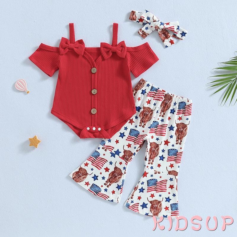 Bộ Áo Liền Quần Tay Ngắn Hở Vai Kèm Quần Ống Loe Co Giãn Thời Trang Mùa Hè Cho Bé Gái 1 Tuổi