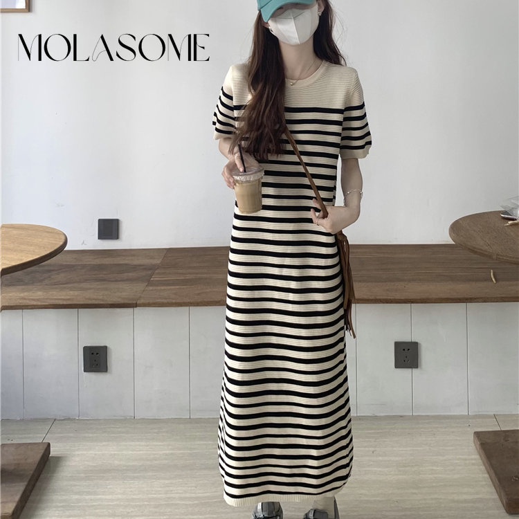 Đầm Maxi Tay Ngắn Cổ Polo Dáng Ôm In Họa Tiết Kẻ Sọc Thời Trang 2023 Cho Bạn Gái