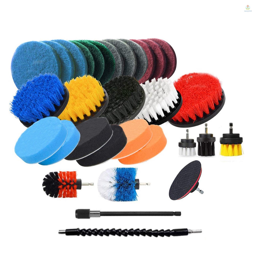 Bộ 31 Bàn Chải Gắn Máy Khoan Điện Kèm Khăn Lau Làm Sạch / Bọt Biển / Bọt Biển / Bàn Chải Điện Mở Rộng Dài Đa Năng Cho Gạch / Bồn Tắm / Bồn Rửa