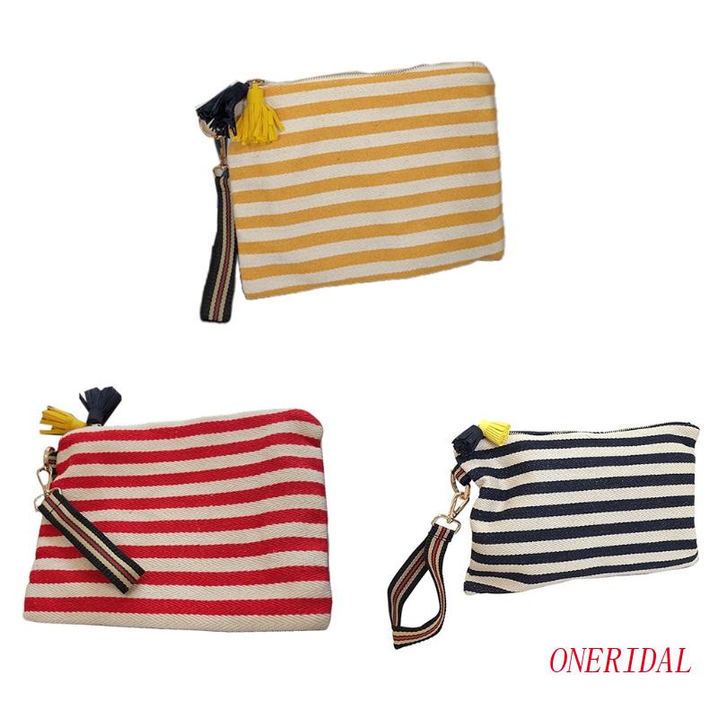 Túi Canvas Đựng Mỹ Phẩm Trang Điểm Phối Tua Rua Họa Tiết Kẻ Sọc Thời Trang Dành Cho Nữ
