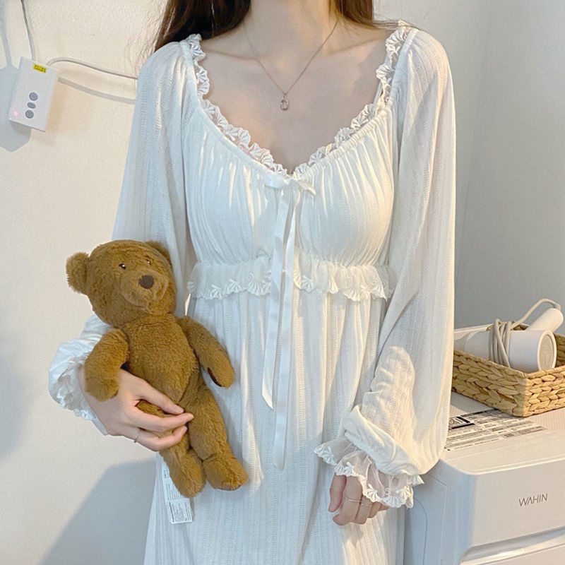 Đầm Ngủ Midi Tay Dài Dáng Rộng Cột Nơ Eo Phối Ren Cổ Điển Quyến Rũ Cho Nữ