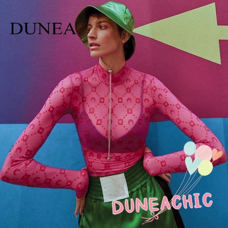 DUNEA Áo Kiểu Tay Dài Cổ Cao Phối Lưới Phong Cách Đường Phố Quyến Rũ