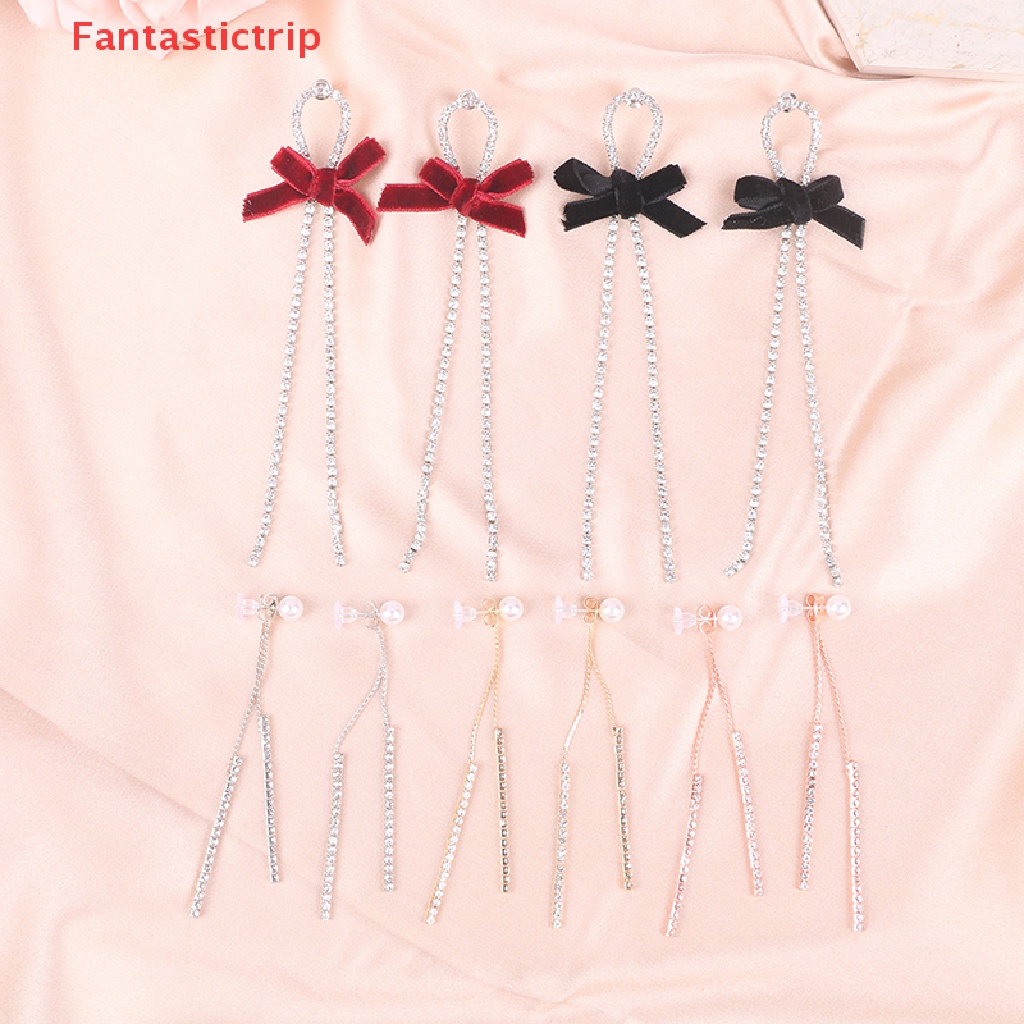 [Fantastictrip] Bông Tai Kim Loại Dài Hình Nơ Đen Đính Pha Lê Sáng Bóng Mới