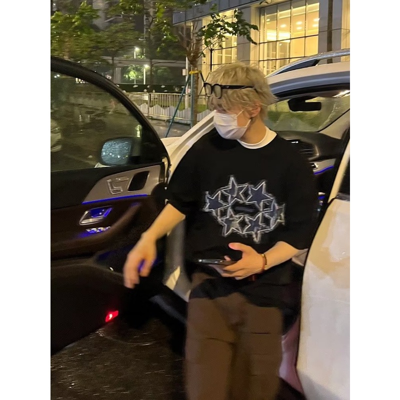 Áo Thun Denim Tay Ngắn Dáng Rộng Thêu Hình Ngôi Sao Phong Cách Harajuku Hàn Quốc Thời Trang Mùa Hè Cho Nam Và Nữ