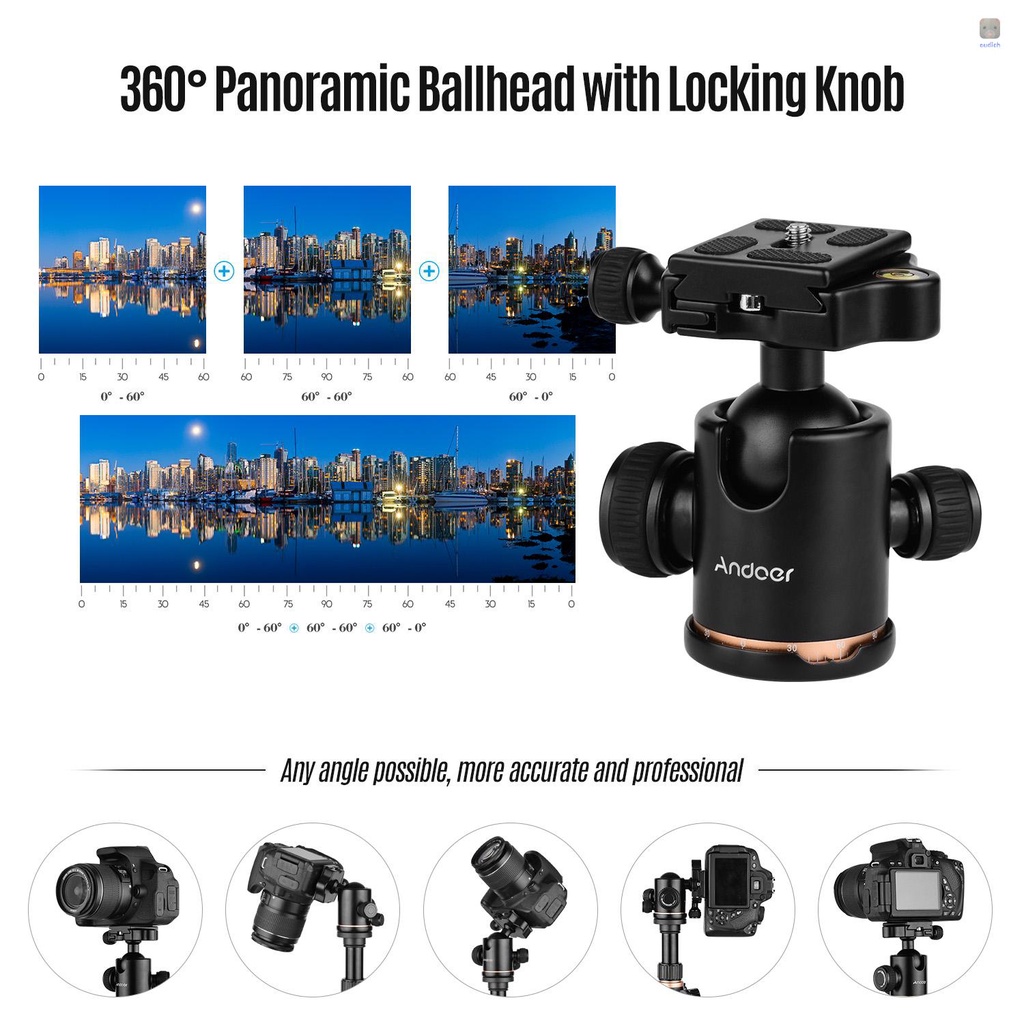 Gậy Ba Chân Andoer 164cm / 64.57in Bằng Hợp Kim Nhôm Xoay 360 Độ° Đầu Bi Xoay Chịu Tải 8kg Kèm Túi Đựng Cho Máy Ảnh DSLR