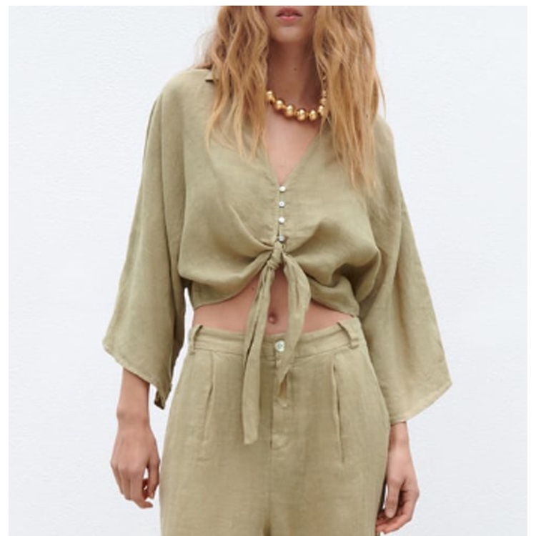 Set Áo Sơ Mi Cổ Chữ V Thắt Nút + Quần Dài Lưng Cao Ống Rộng Thời Trang Zara Mùa Hè 238372096 8372098