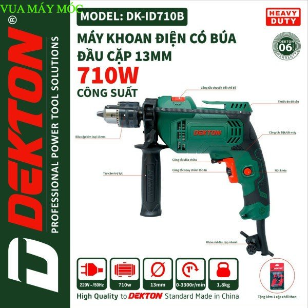 Máy khoan điện cầm tay DEKTON DK-ID710B tặng kèm cặp chổi than cao cấp vua máy móc