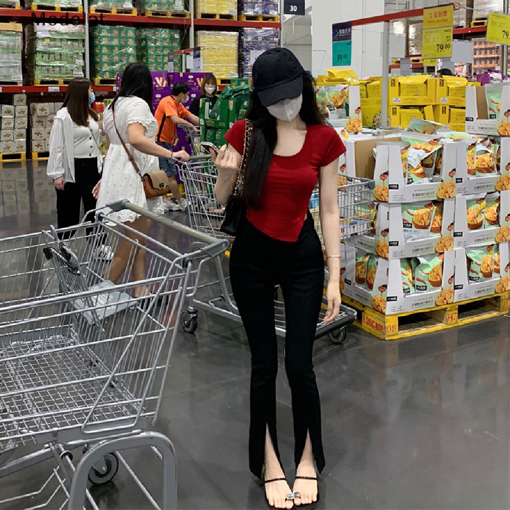 Áo Thun Tay Ngắn Cổ Vuông Màu Trơn Dáng Ôm Thời Trang Mùa Hè Cho Nữ