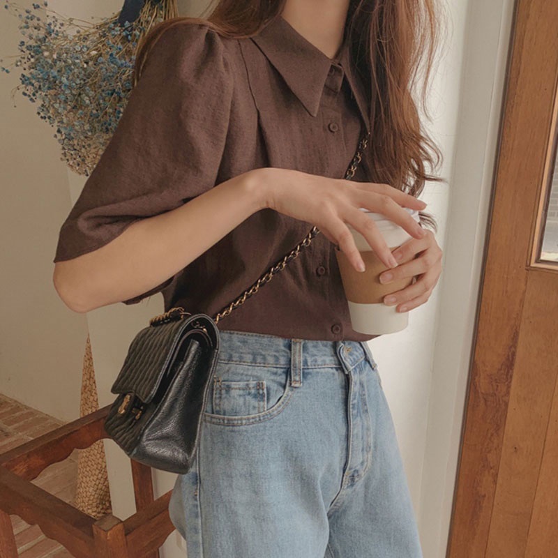Áo Sơ Mi Tay Phồng Ngắn Màu Nâu Thời Trang Mới Cho Nữ