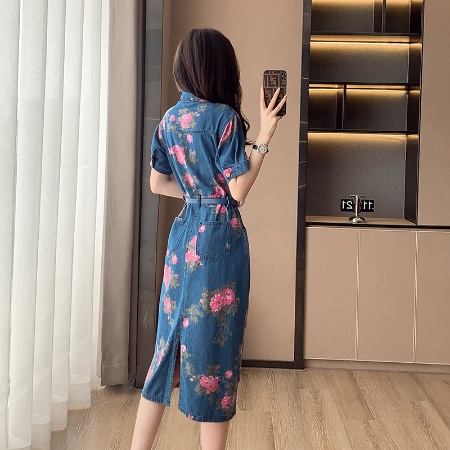 Mới Đầm Denim Dài Qua Gối Phong Cách Retro Thời Trang