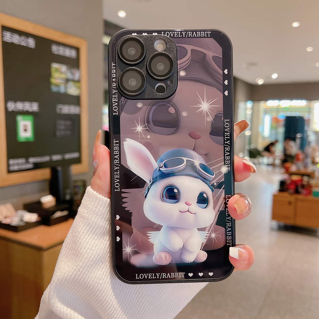 Ốp Điện Thoại Mặt Kính Viền TPU Dẻo Họa Tiết Chú Thỏ Dễ Thương Cho iPhone 11 12 13 14 PRO MAX XR XS 7 8 Plus